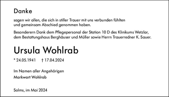 Traueranzeige von Ursula Wohlrab von Wetzlarer Neue Zeitung
