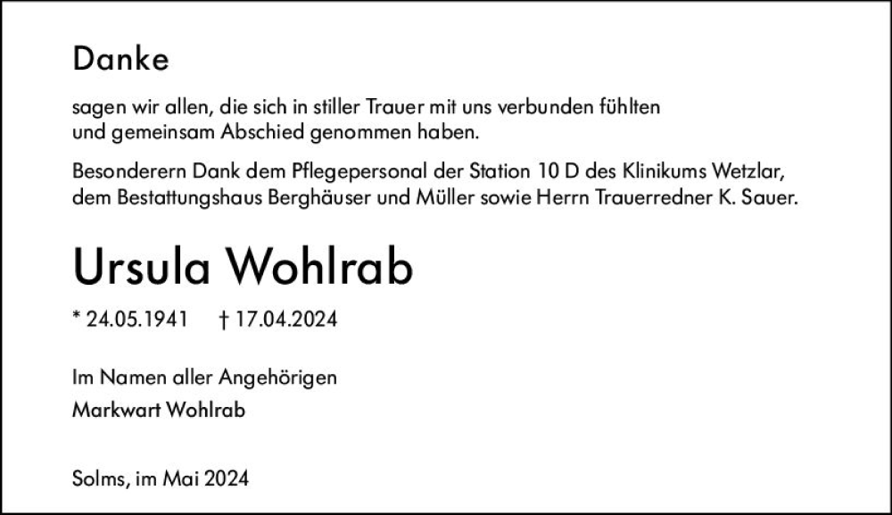  Traueranzeige für Ursula Wohlrab vom 25.05.2024 aus Wetzlarer Neue Zeitung