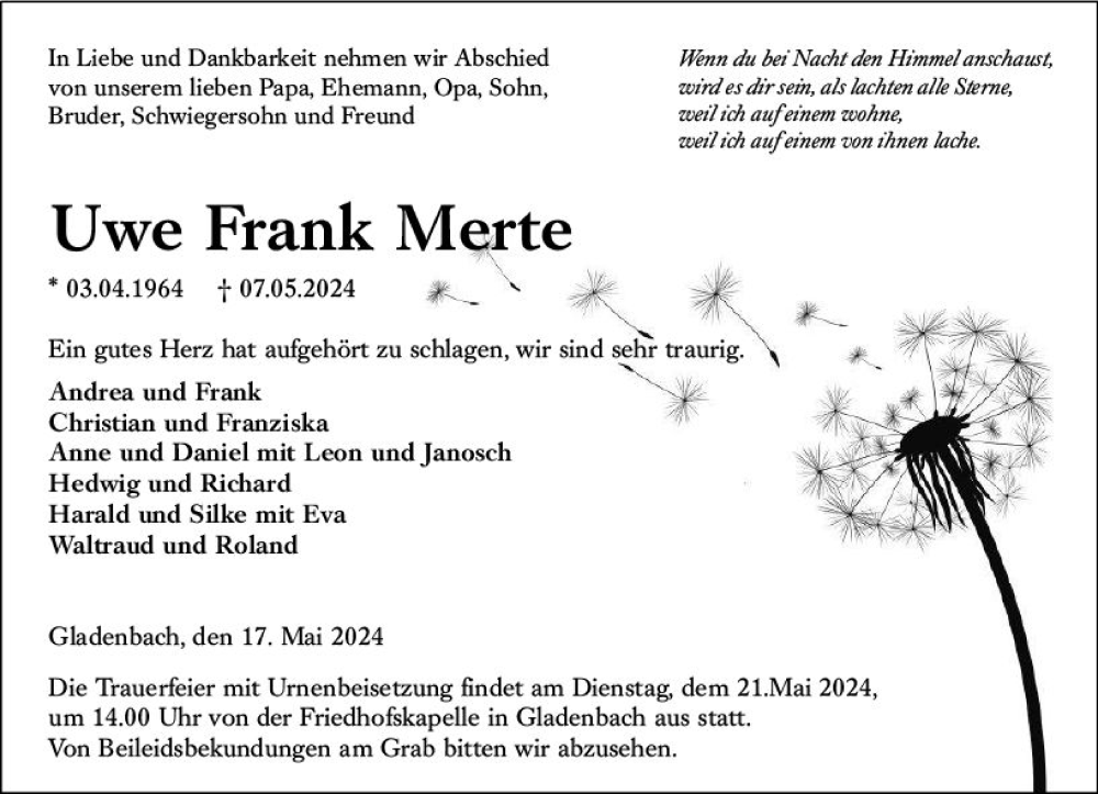  Traueranzeige für Uwe Frank Merte vom 17.05.2024 aus Hinterländer Anzeiger
