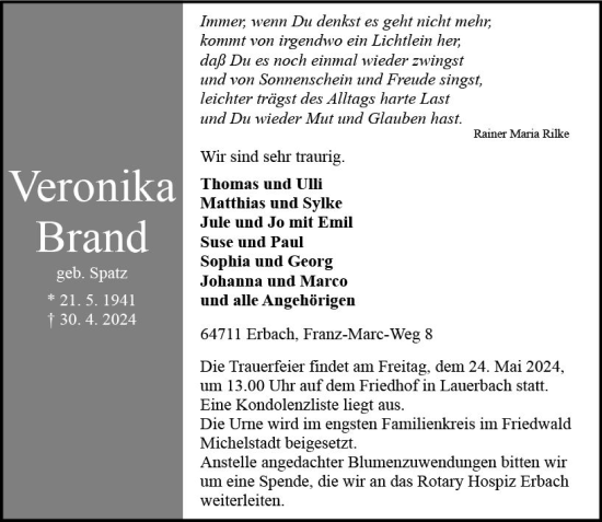 Traueranzeige von Veronika Brand von Odenwälder Echo