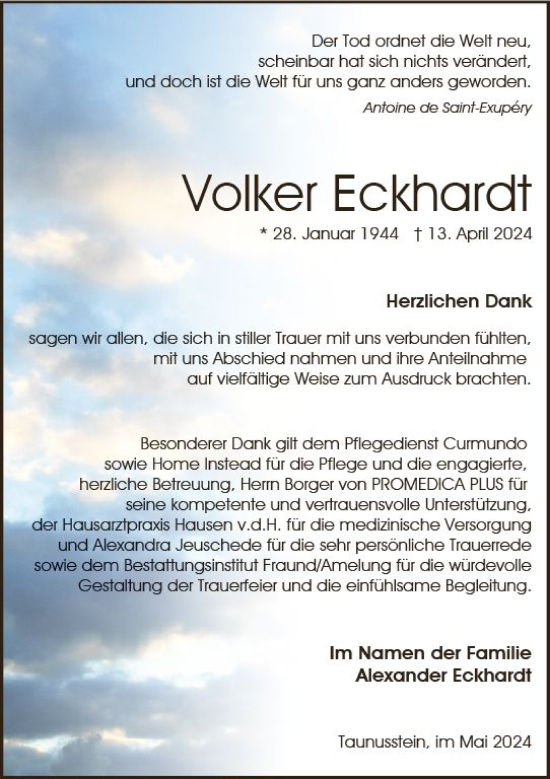 Traueranzeige von Volker Eckhardt von Wiesbadener Kurier