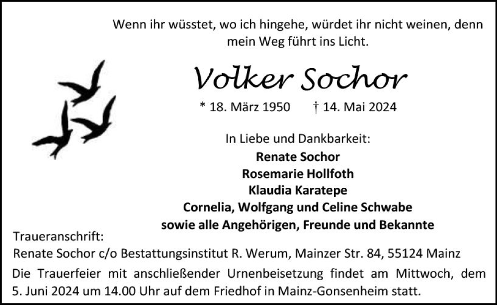  Traueranzeige für Volker Sochor vom 01.06.2024 aus Allgemeine Zeitung Mainz