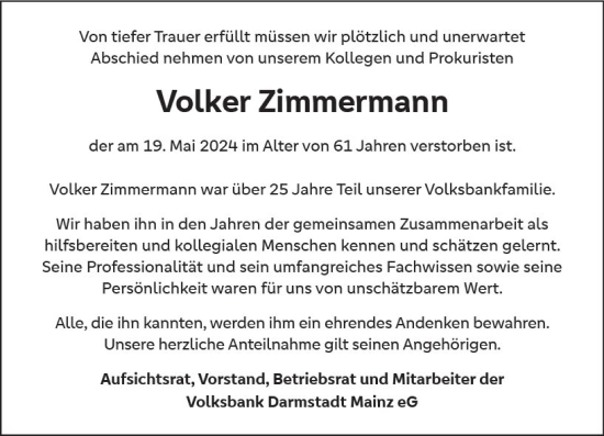 Traueranzeige von Volker Zimmermann von Allgemeine Zeitung Mainz