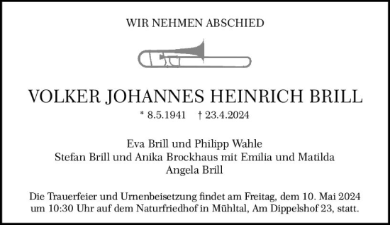 Traueranzeige von Volker Johannes Heinrich Brill von Darmstädter Echo