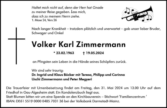 Traueranzeige von Volker Karl Zimmermann von Allgemeine Zeitung Bingen/Ingelheim