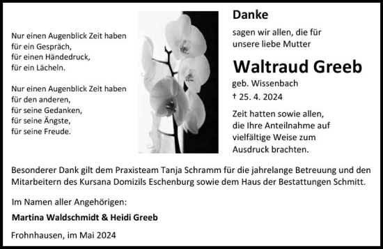Traueranzeige von Waltraud Greeb von Dill Block