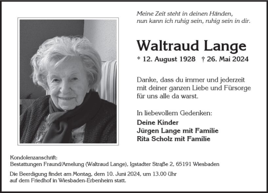 Traueranzeige von Waltraud Lange von Wiesbadener Kurier