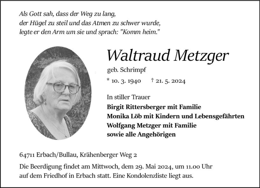  Traueranzeige für Waltraud Metzger vom 25.05.2024 aus Odenwälder Echo