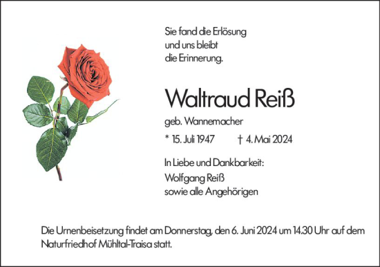 Traueranzeige von Waltraud Reiß von Darmstädter Echo