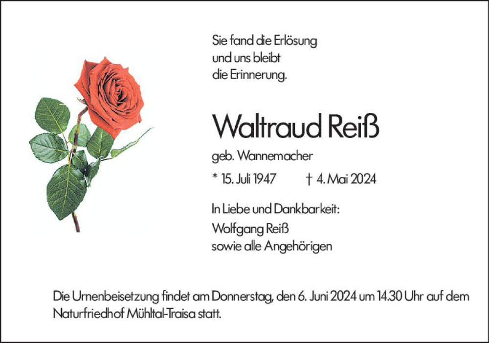  Traueranzeige für Waltraud Reiß vom 01.06.2024 aus Darmstädter Echo