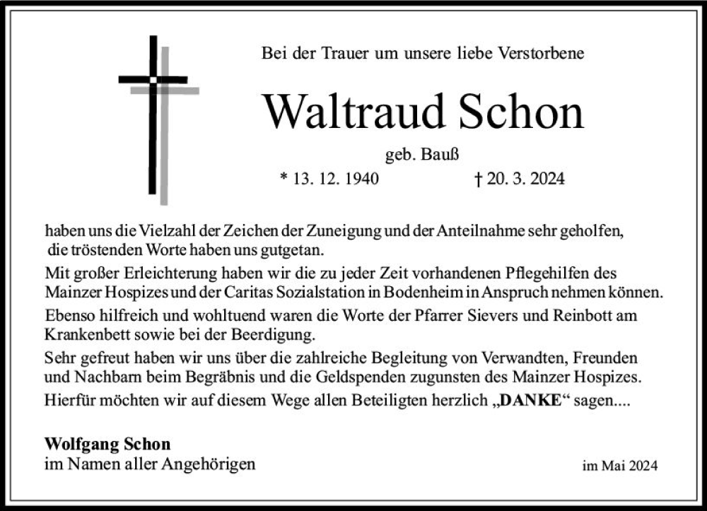  Traueranzeige für Waltraud Schon vom 04.05.2024 aus Allgemeine Zeitung Mainz