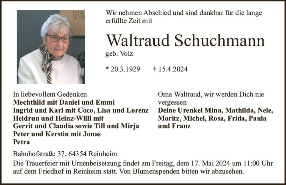  Traueranzeige für Waltraud Schuchmann vom 11.05.2024 aus Darmstädter Echo