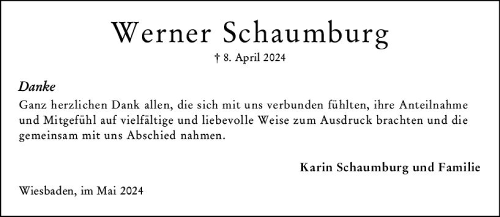  Traueranzeige für Werner Schaumburg vom 11.05.2024 aus Wiesbadener Kurier