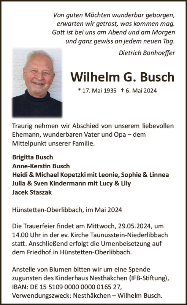  Traueranzeige für Wilhelm G. Busch vom 11.05.2024 aus Wiesbadener Kurier
