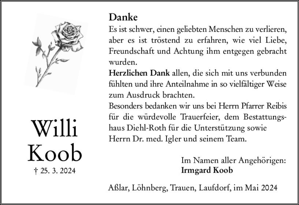  Traueranzeige für Willi Koob vom 02.05.2024 aus Wetzlarer Neue Zeitung