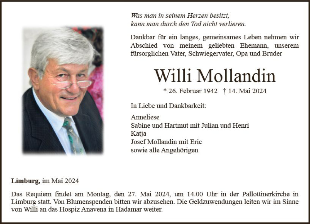  Traueranzeige für Willi Mollandin vom 18.05.2024 aus Weilburger Tageblatt