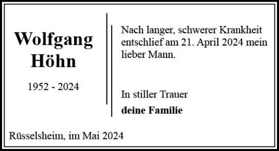 Traueranzeige von Wolfgang Höhn von Rüsselsheimer Echo