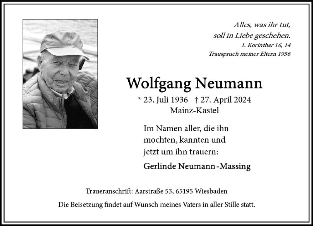  Traueranzeige für Wolfgang Neumann vom 04.05.2024 aus Wiesbadener Kurier