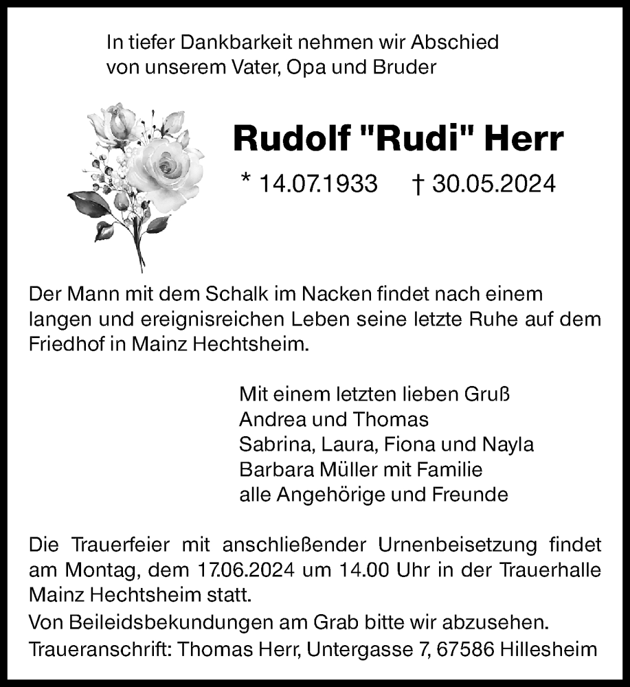  Traueranzeige für Rudolf Herr vom 08.06.2024 aus Allgemeine Zeitung Mainz