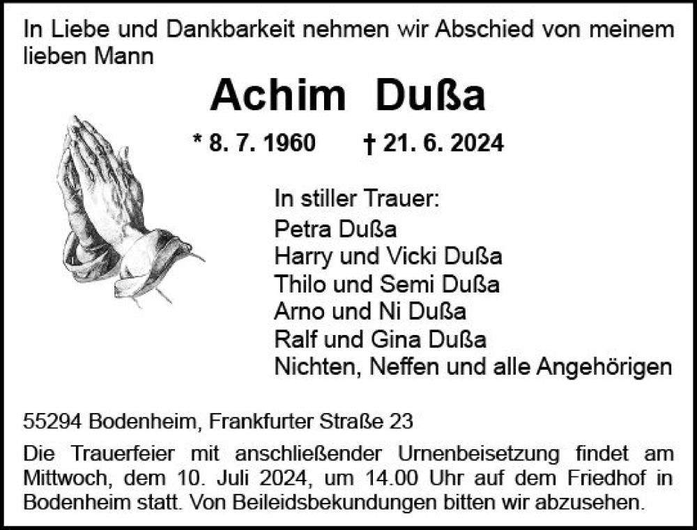  Traueranzeige für Achim Dußa vom 29.06.2024 aus Allgemeine Zeitung Mainz