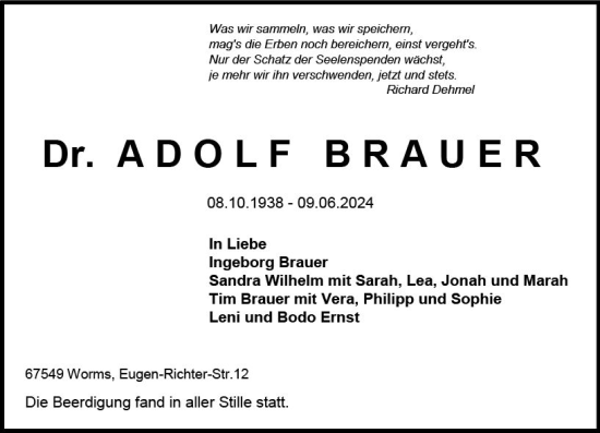 Traueranzeige von Adolf Brauer von Wormser Zeitung
