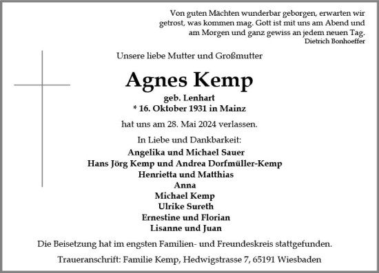 Traueranzeige von Agnes Kemp von Wiesbadener Kurier