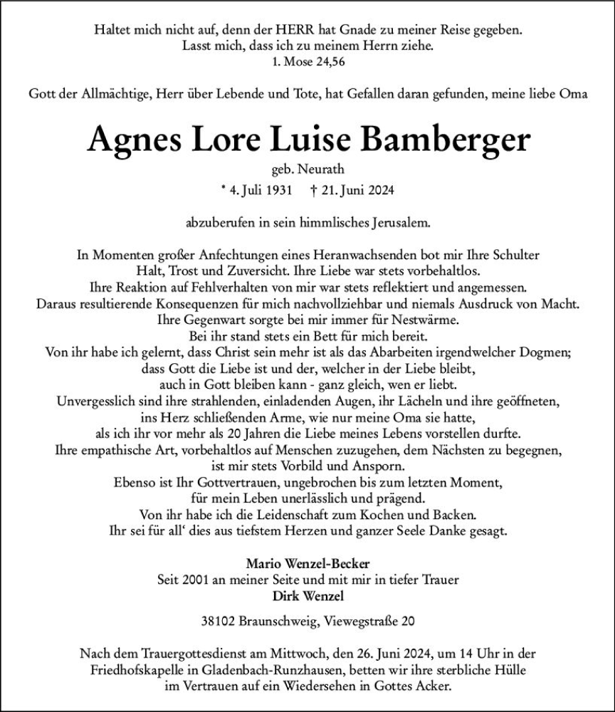  Traueranzeige für Agnes Lore Luise Bamberger vom 25.06.2024 aus Hinterländer Anzeiger