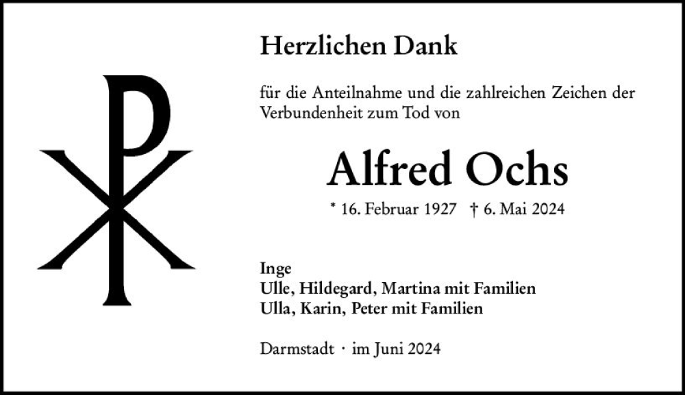  Traueranzeige für Alfred Ochs vom 15.06.2024 aus Darmstädter Echo