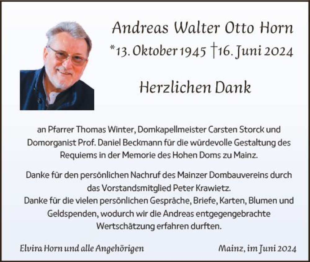  Traueranzeige für Andreas Walter Otto Horn vom 29.06.2024 aus Allgemeine Zeitung Mainz