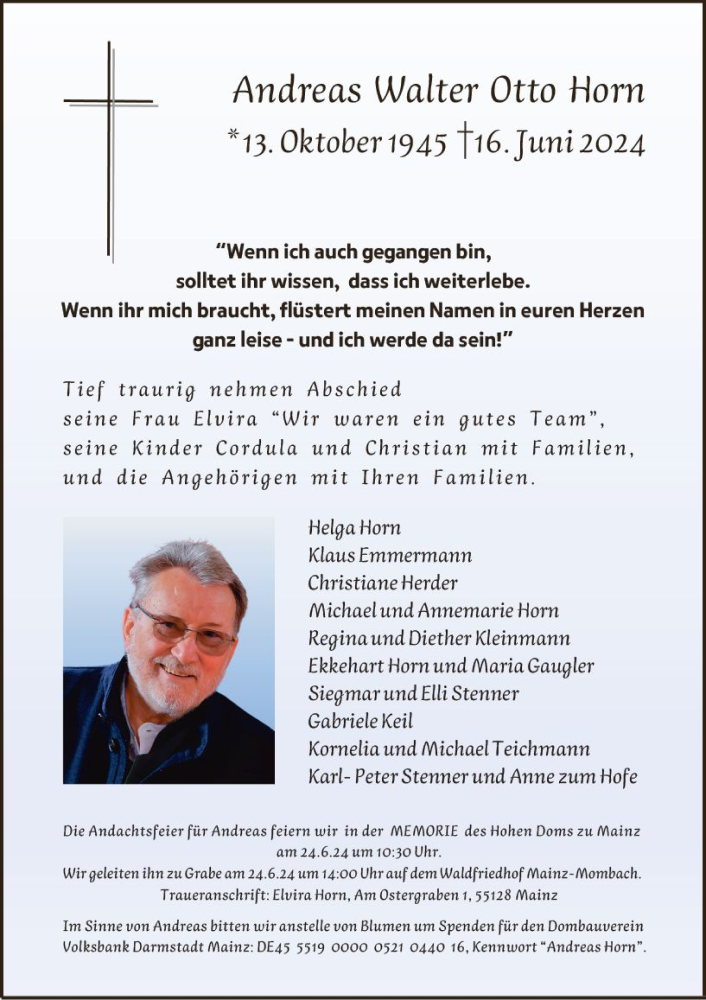 Traueranzeige für Andreas Walter Otto Horn vom 22.06.2024 aus Allgemeine Zeitung Mainz