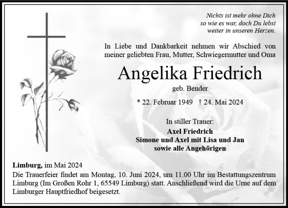  Traueranzeige für Angelika Friedrich vom 05.06.2024 aus Nassauische Neue Presse