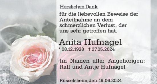 Traueranzeige von Anita Hufnagel von Rüsselsheimer Echo