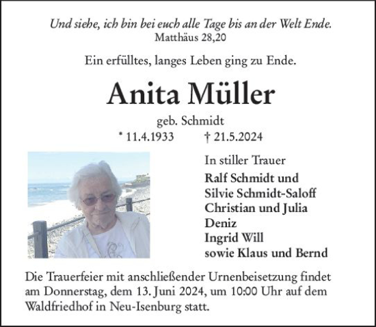 Traueranzeige von Anita Müller von Hinterländer Anzeiger