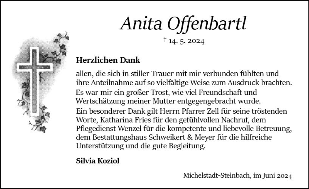  Traueranzeige für Anita Offenbartl vom 15.06.2024 aus Odenwälder Echo