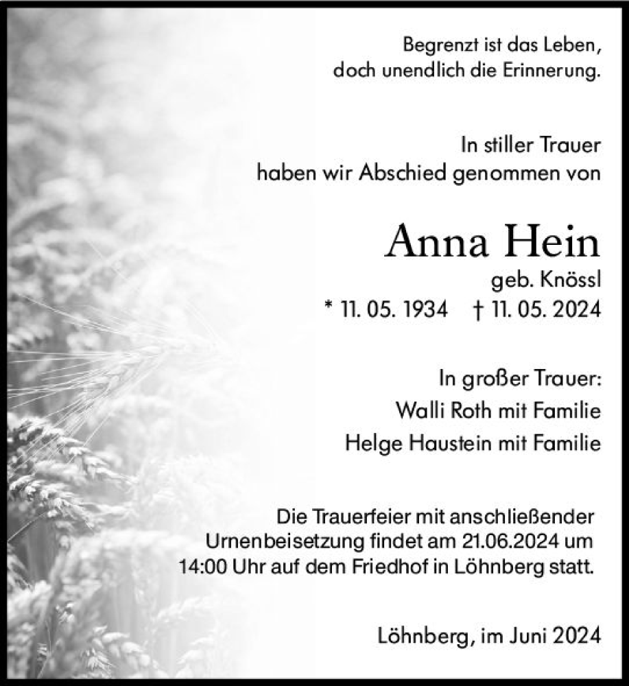  Traueranzeige für Anna Hein vom 18.06.2024 aus Weilburger Tageblatt