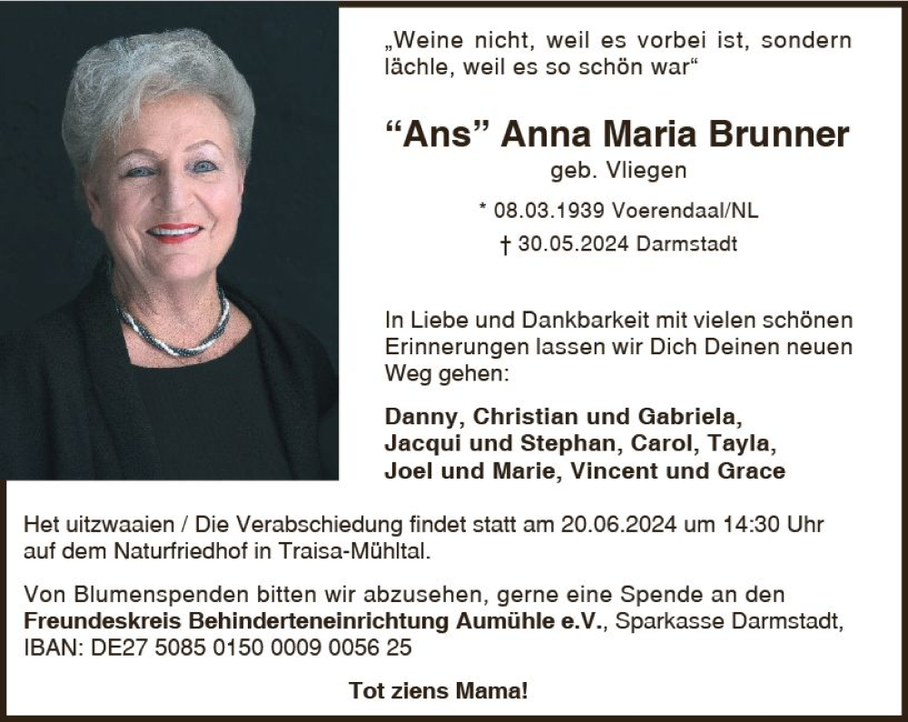  Traueranzeige für Anna Maria Brunner vom 08.06.2024 aus Darmstädter Echo