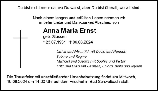 Traueranzeige von Anna Maria Ernst von Idsteiner Land/Untertaunus