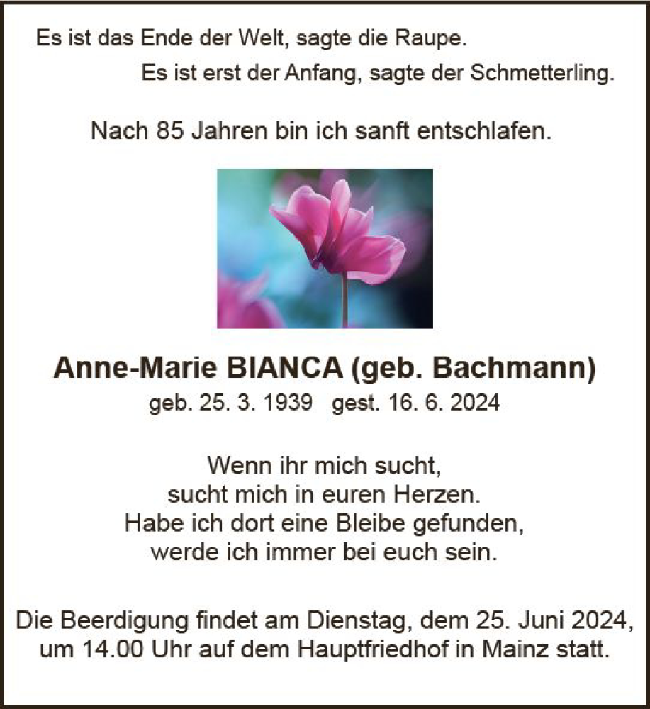  Traueranzeige für Anne-Marie Bianca vom 22.06.2024 aus Allgemeine Zeitung Mainz