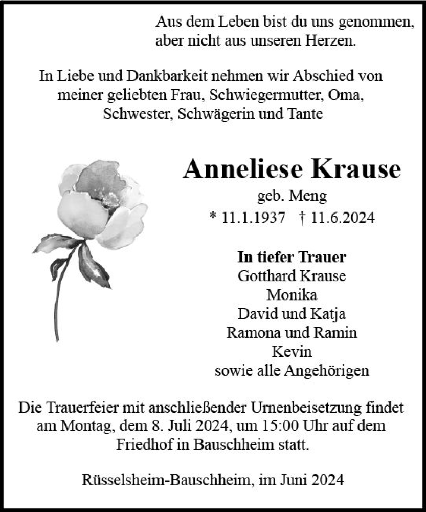 Traueranzeige für Anneliese Krause vom 29.06.2024 aus Rüsselsheimer Echo