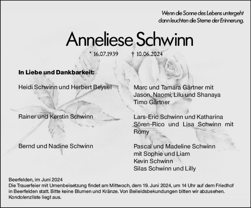  Traueranzeige für Anneliese Schwinn vom 15.06.2024 aus Odenwälder Echo