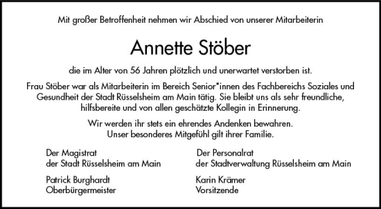 Traueranzeige von Annette Stöber von Rüsselsheimer Echo