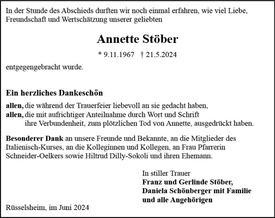 Traueranzeige von Annette Stöber von Rüsselsheimer Echo