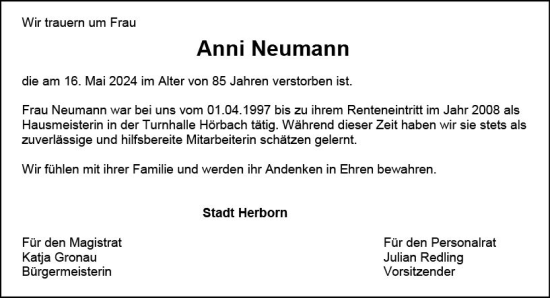 Traueranzeige von Anni Neumann von Dill Block