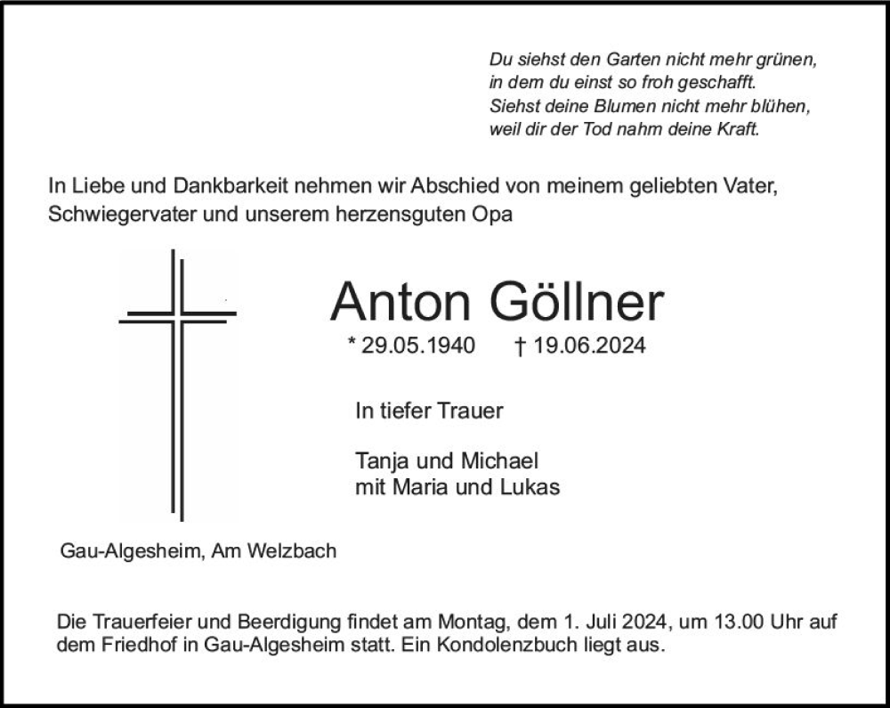  Traueranzeige für Anton Göllner vom 22.06.2024 aus Allgemeine Zeitung Bingen/Ingelheim