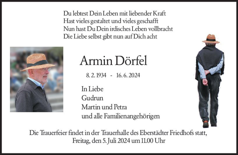  Traueranzeige für Armin Dörfel vom 29.06.2024 aus Darmstädter Echo