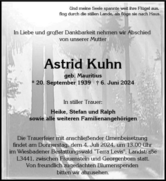 Traueranzeige von Astrid Kuhn von Wiesbadener Kurier