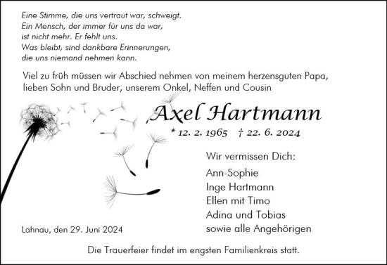 Traueranzeige von Axel Hartmann von Wetzlarer Neue Zeitung