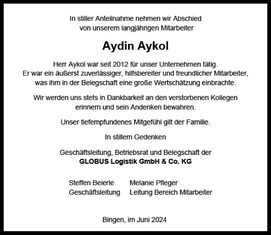 Traueranzeige von Aydin Aykol von Allgemeine Zeitung Bingen/Ingelheim