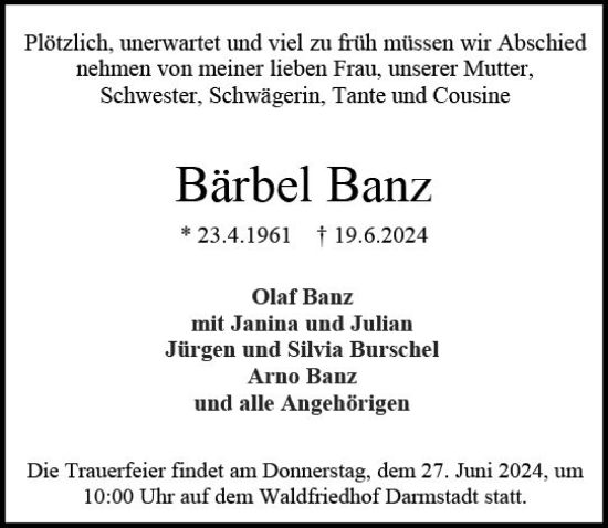 Traueranzeige von Bärbel Banz von Darmstädter Echo