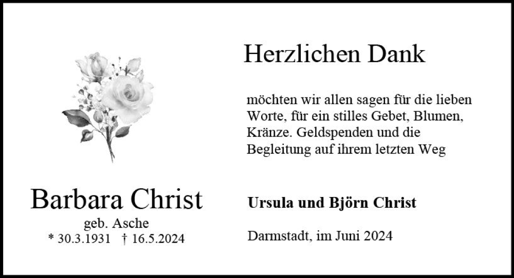  Traueranzeige für Barbara Christ vom 08.06.2024 aus Darmstädter Echo